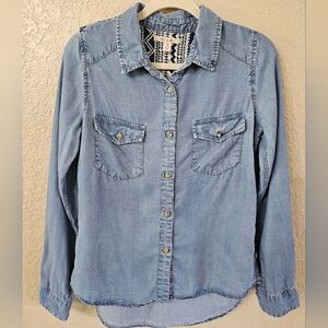 Light Blue Denim Button-Up Shirt With Western Aztec Accent Print